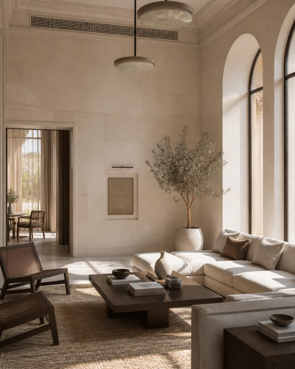 Modern Jeddah interior with limestone walls and soft sunlight